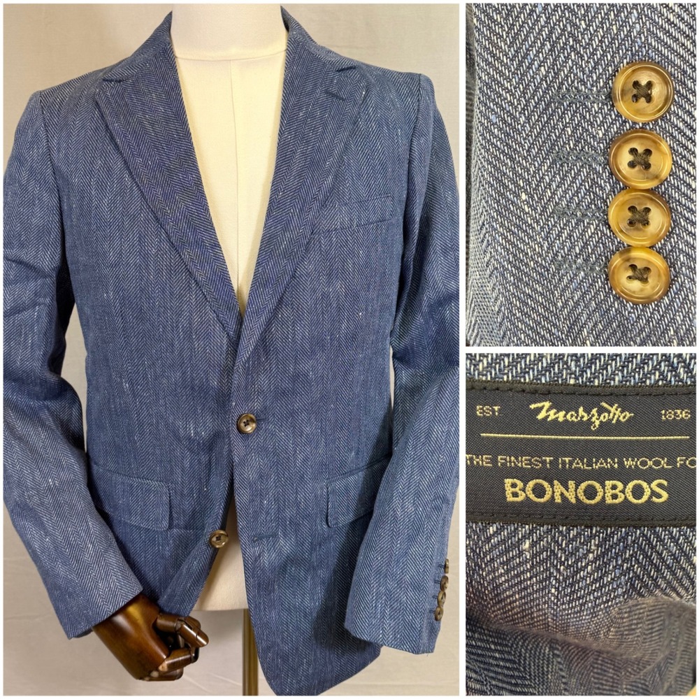 Bonobos Blazer Men 38R Slim Blue Herringbone Marzotto Italian Linen Cotton NEW